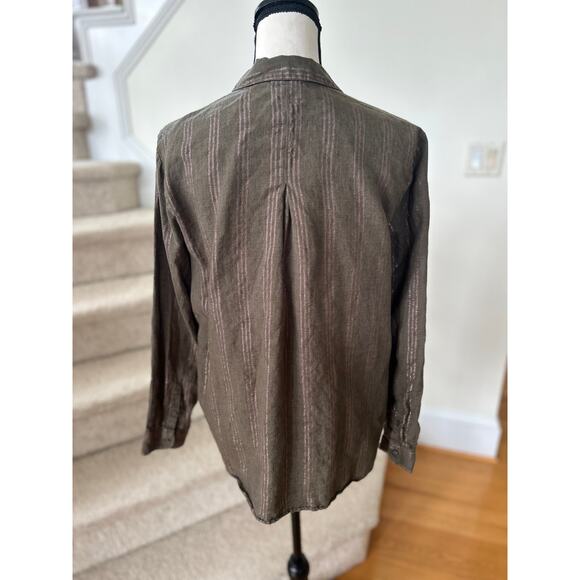 Boden Olive Green & Metallic Pink Strip Linen Button Down Long Sleeve Shirt - Picture 5 of 8